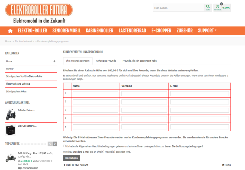 Freunde sponsern - Empfehlungsformular bei Elektroroller Futura