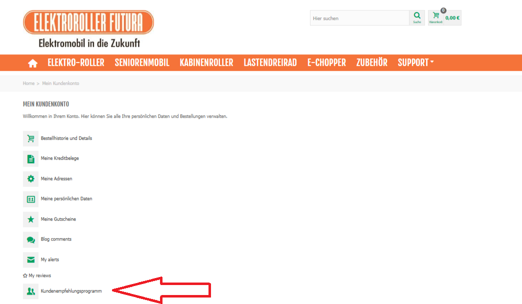 Mein Konto - Kundenempfehlungsprogramm bei Elektroroller Futura