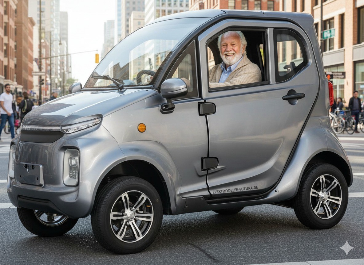 Senior faehrt Elektro-Kabinenroller fuehrerscheinfrei - Elektroroller Futura